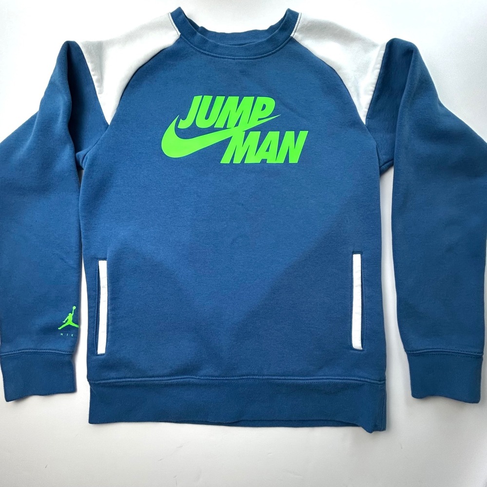Nike Air Jordan Jumpman Pullover Sweatshirt Crew Neck Blue Green White L 12-13yr